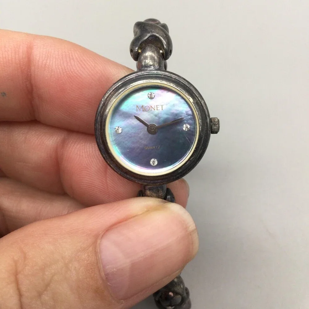 Vintage Monet Womens Watch 21mm Abalone Dial Silver Tone New Battery 7.25